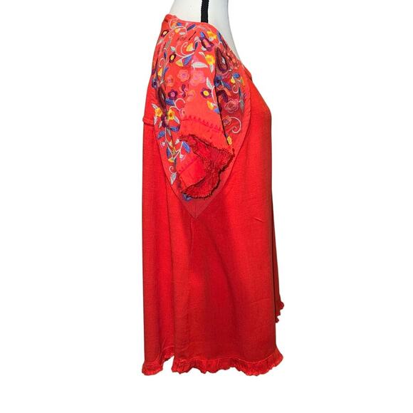 Umgee Fiesta Linen Blend Orange Floral Embroidered Swing Shirt Oversized Size S - Picture 3 of 12